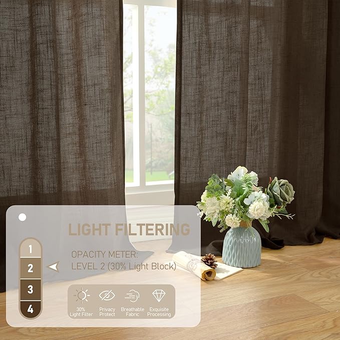 LAMIT Dark Brown Linen Boho Curtains 84 inch Length 2 Panels, Light Filtering - Image 4