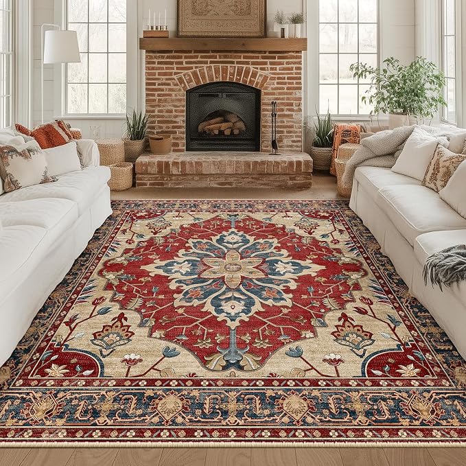 RELEANY Area Rugs Square 8ft Washable Non-Slip, Floral Vintage Distress Print - Image 8