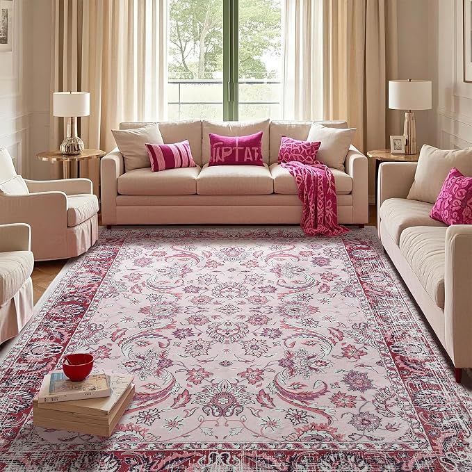Area Rugs for Living Room, Washable 5x7 Area Rug for Bedroom, Floral Non-Slip by Rtizon
