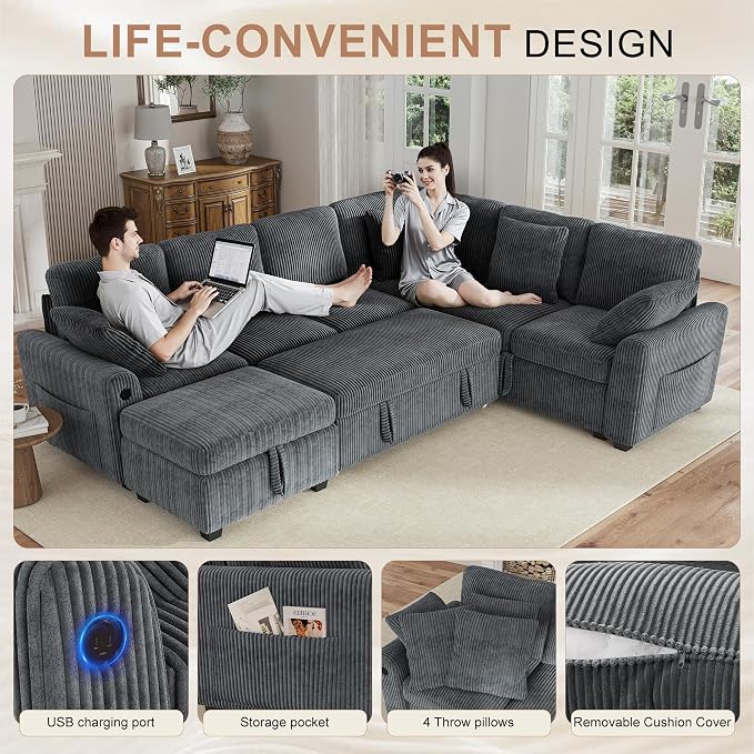 Hanherry Sectional Couch with Pull Out Sofa Bed, Corduroy Sleeper Sofa with - Image 6