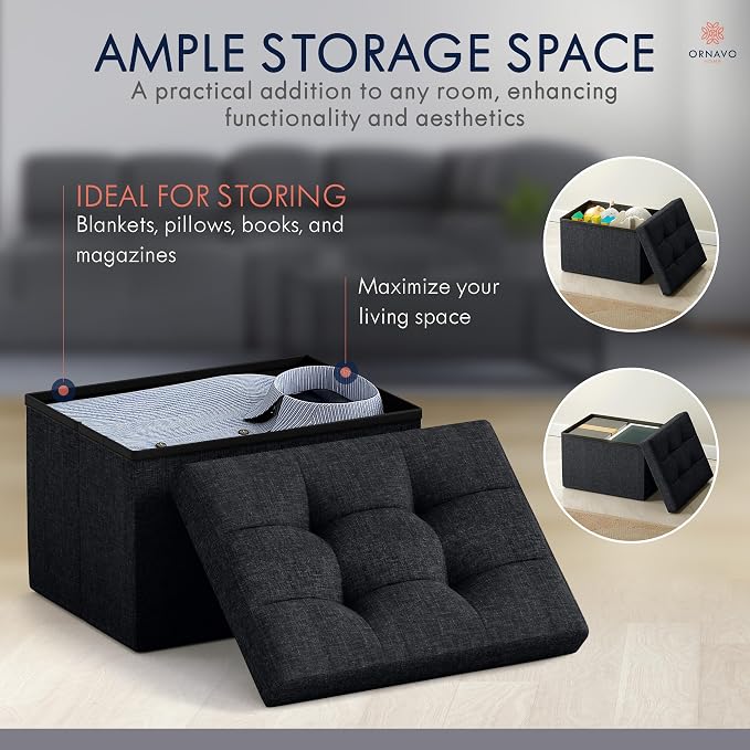 Ornavo Home Small Storage Ottoman, Foldable Collapsible Rectangle Linen Ottoman - Image 3