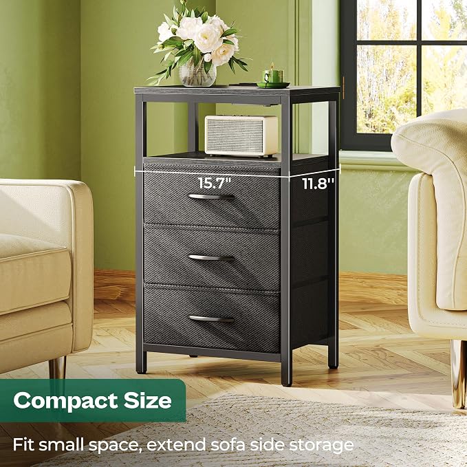 Huuger Nightstand with Charging Station, 27.6 Inch Side Table with Fabric - Image 5