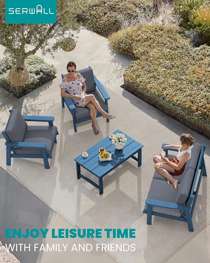 SERWALL HDPE Patio Furniture Set, 5 Piece All Weather Wood-Like Sectional - Image 9