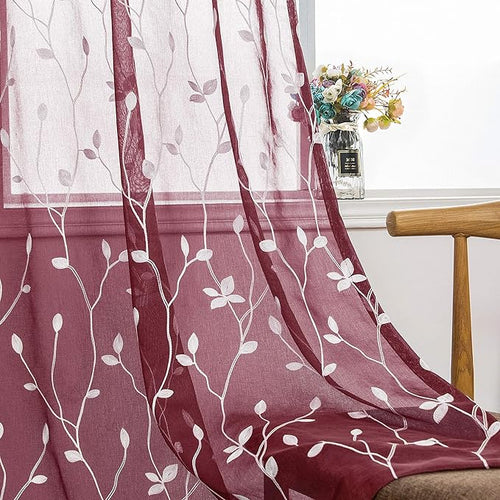 AmHoo 2 Panels Embroidered Leaf Pattern Semi Sheer Curtains Foliage Floral by AmHootextile