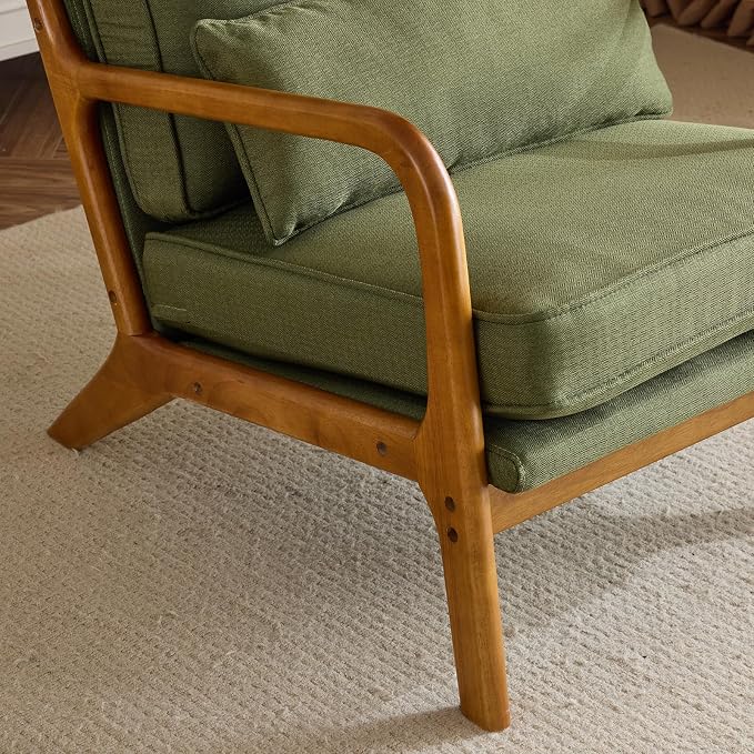 Bonnlo Dark Green Linen Mid Century Modern Accent Chair, Soild Wood Padding - Image 9