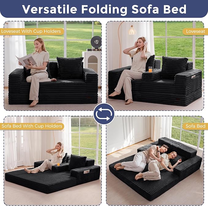 MAXYOYO Loveseat Sofa Bed, Striped Faux Fur Foldable Floor Sofa Couch in A Box - Image 4