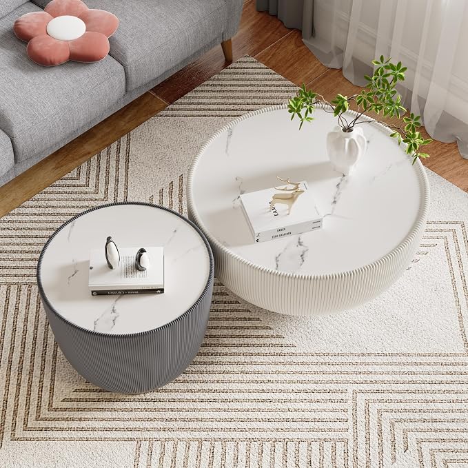 SSLine Bowl-Shape Coffee Table Set of 2 Modern Sintered Stone Top Nesting - Image 4