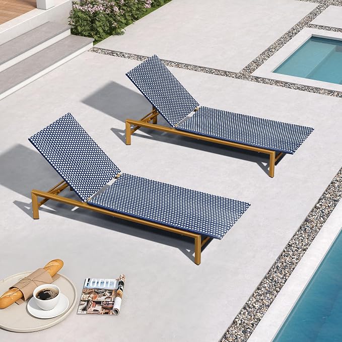 PURPLE LEAF Patio Chaise Lounge French Outdoor Lounger 2 Pieces Wood-Grain by PURPLELEAF