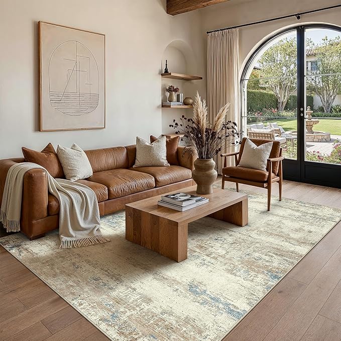PureCozy 8x10 Area Rug Washable Beige Brown Abstract Living Room Carpet Non - Image 4