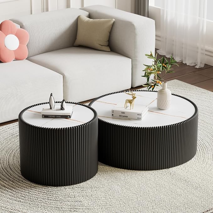 SSLine Round Drum Coffee Table Modern Sintered Stone Top Side End Table in - Image 5