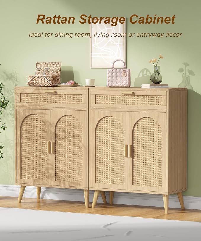 Rattan Buffet Sideboard Set of 2, Boho Buffet Cabinet - Image 4
