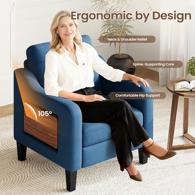 Accent Chair for Living Room Modern Linen Upholstered Armchair Side Wooden - Image 5