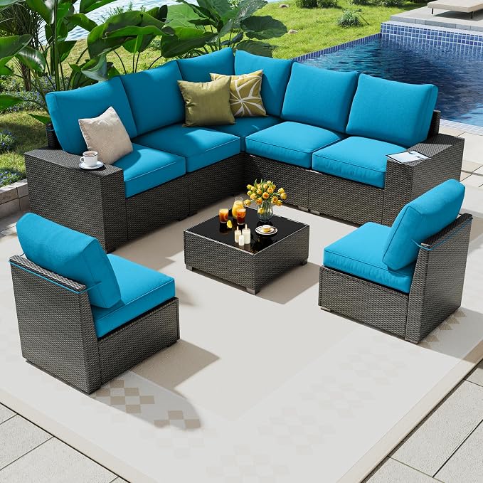 8 Piece Outdoor Patio Furniture Set, Outdoor Sectional Furniture, Rattan & - Image 2