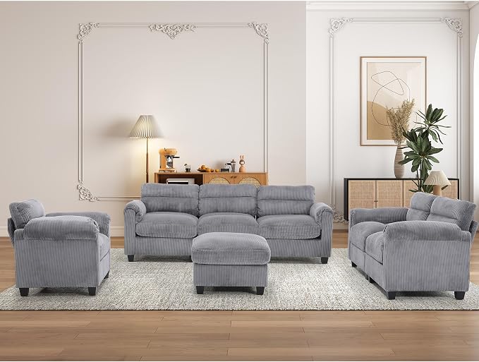 HAOMARKETS Corduroy 4-piece Sofa Set, Upholstered Ottoman, Loveseat 2-Seater by HAOMARKETS