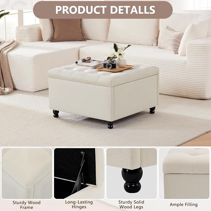 Weture 30 Inch Large Square Storage Ottoman Coffee Table, Oversized Square - Image 5