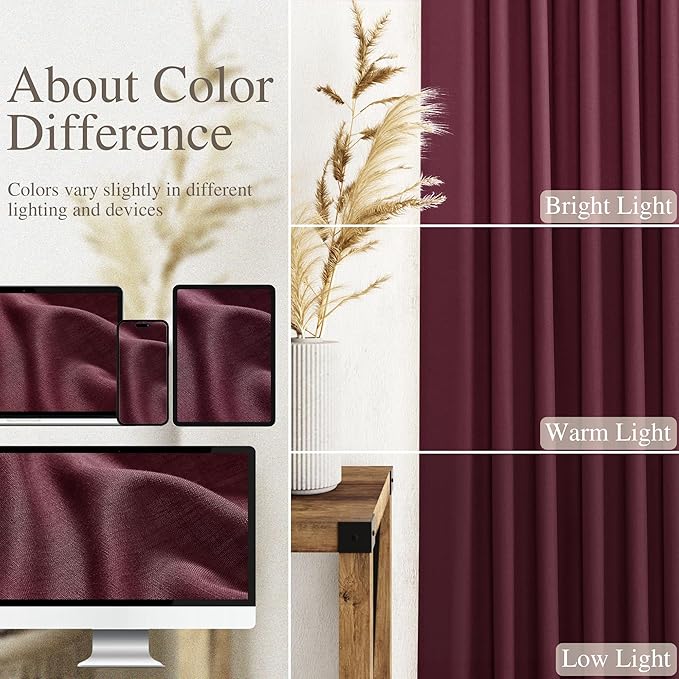 Nanspring Burgundy Linen Curtains 84 Inch Length 2 Panels Set - Image 3