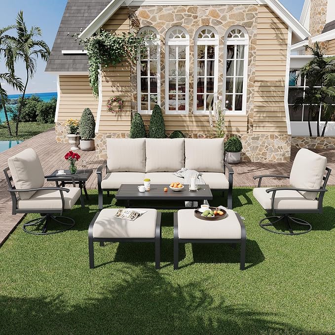 HOMREST Patio Furniture Sets 7 PCS Outdoor Metal Conversation Sets, 360 Degree by HOMREST
