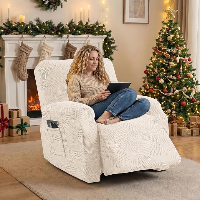 Recliner Chair Covers, 4-Piece Stretch Geometric Strokes Jacquard Reclining - Image 5