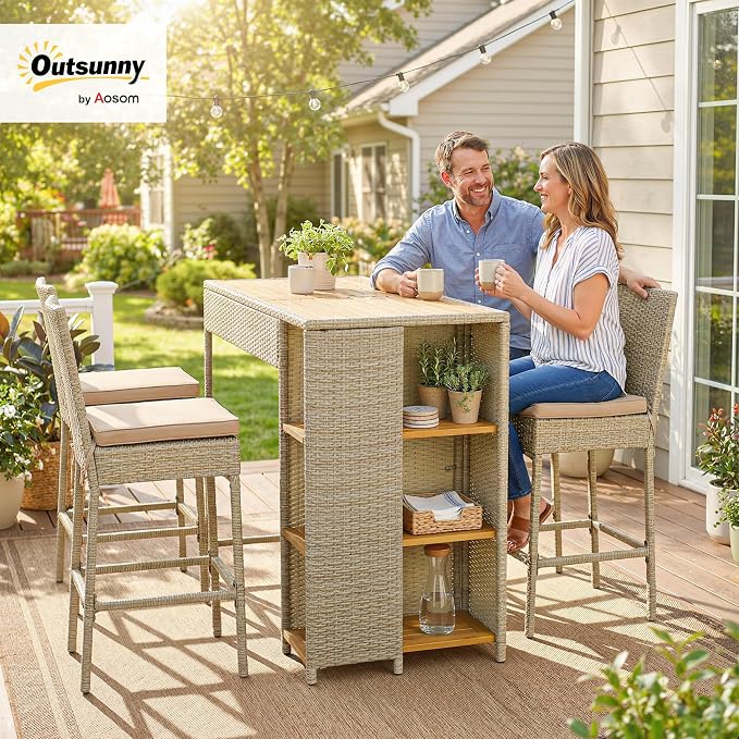 Outsunny 5 Piece Outdoor Bar Set, Wicker Outdoor High Top Table and Chairs - Image 2