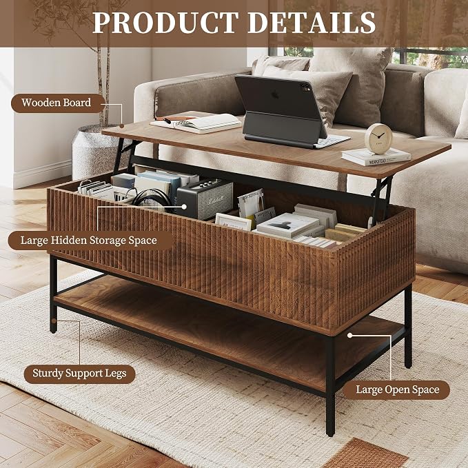 Walnut Coffee Table with Storage, Rectangle Lift Top Coffee Table, Modern Wood - Image 3