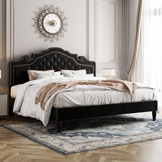 Allewie King Bed Frame with Adjustable Velvet Tiara Headboard, Upholstered by Allewie