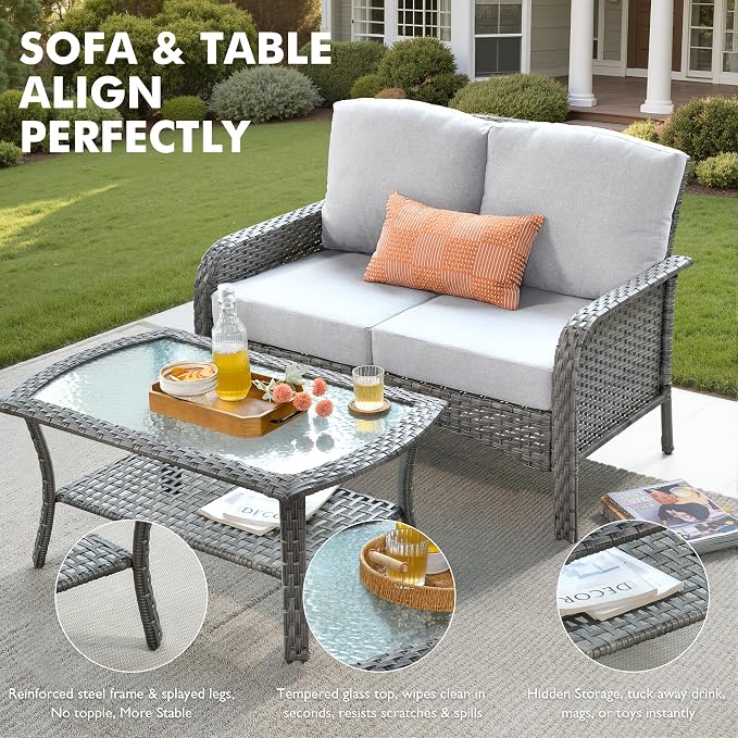 Weaxty Wicker Patio Furniture Set High Back Loveseat Sofa Couch Armchair Coffee - Image 6