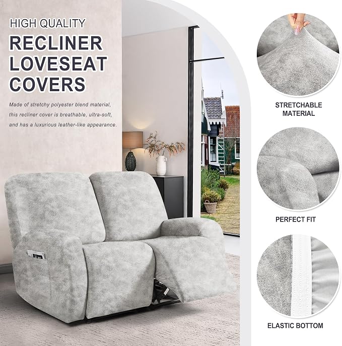 ANARACHON Leather Look Loveseat Recliner Cover, 6-Pieces Stretch Dual Recliner - Image 3