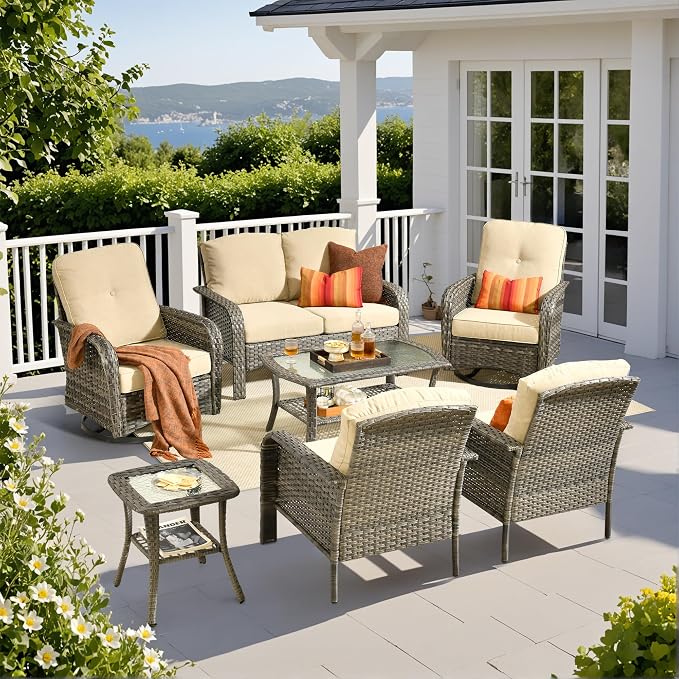 Weaxty 7 Pieces Patio Furniture Set, Wicker Outdoor Swivel Rocking Chairs by Eco-ChicLivingBeautifullyAffordable