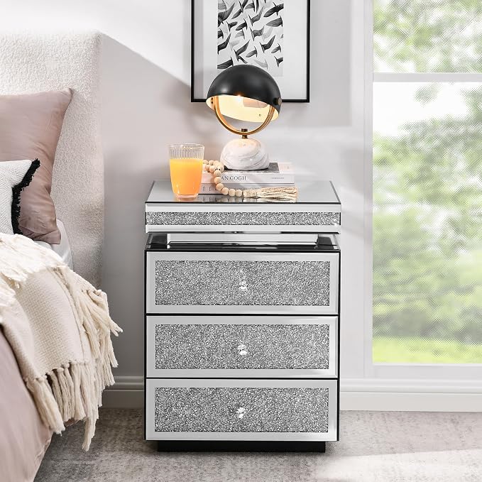 Mirrored Nightstand with 3 Drawers, Mirror End Table, Modern Bedside Table - Image 3