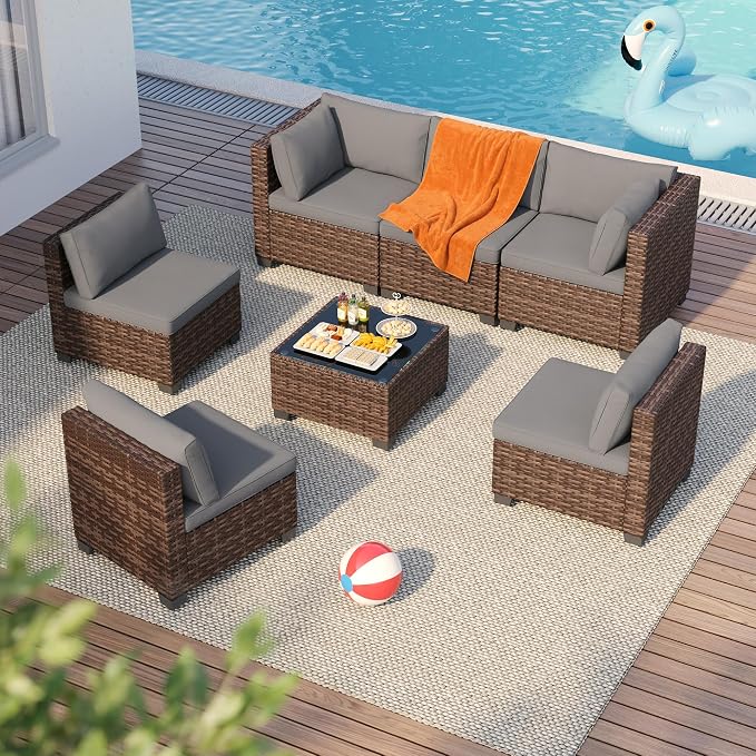 Qsun 7 Pieces Patio Furniture Set, Outdoor Sectional Rattan Sofa Set, Wicker - Image 5
