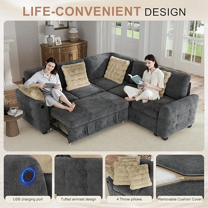 Hanherry Sectional Couch with Pull Out Sofa Bed, Chenille Sleeper Sofa with 2 - Image 4