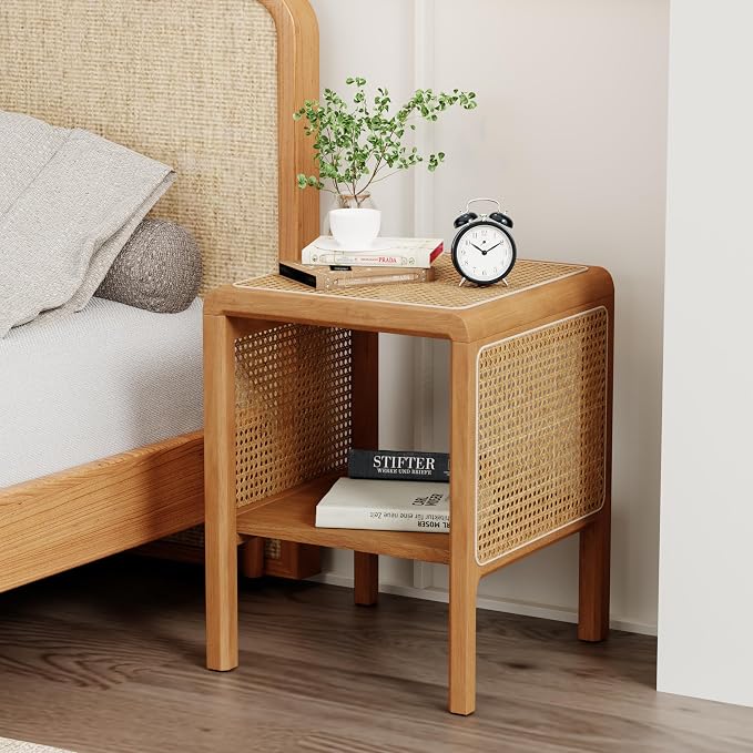 Aklaus Rattan Side Table Small End Table mid Century Living Room Wood Vintage - Image 3