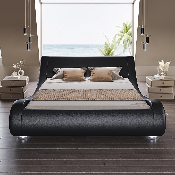 SHA CERLIN Queen Size Upholstered Bed Frame, Deluxe Low Profile Sleigh Bed - Image 3