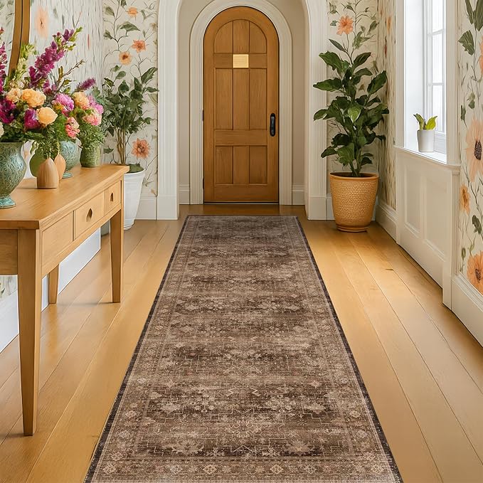 Hazo Haus Brown Earthy Boho Washable 3x10 Extra Long Hallway Runner Rug by HazoHaus