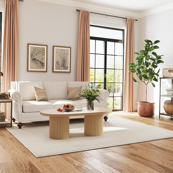 Oval Fluted Coffee Table, Farmhouse Wood Coffee Table Mid Century Modern Center - Image 3