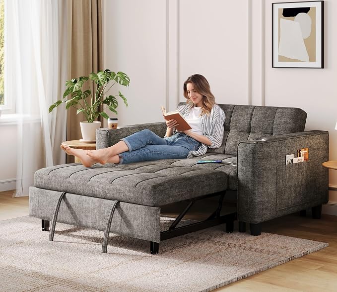 LINSY 54" Pull Out Couch with Charging Station, Small Sleeper Sofa Bed with Cup by Linsy