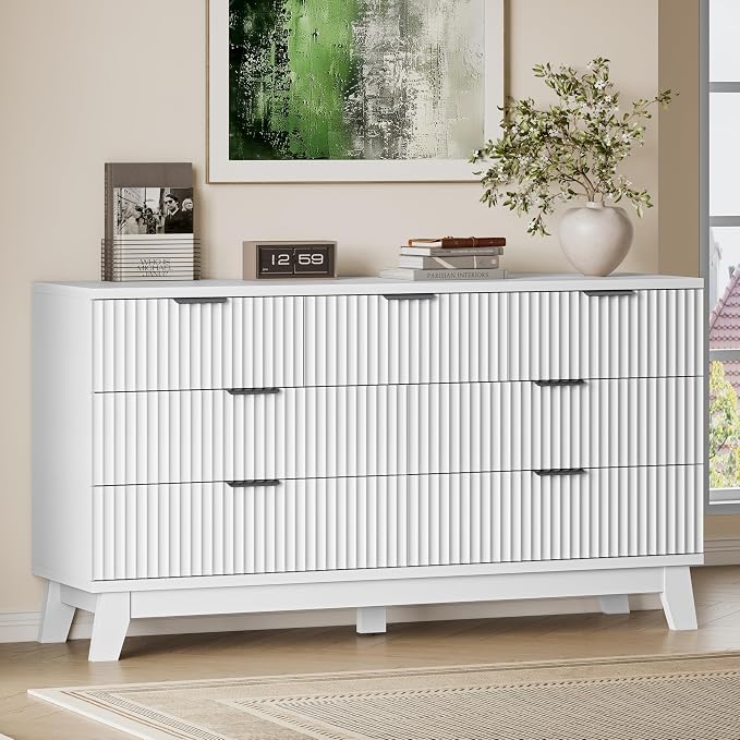 BORNOON 57" Long Dresser for Bedroom, 7-Drawer Fluted Chest, Wide Wood Storage by BORNOON