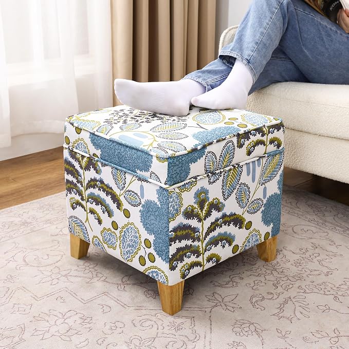 Adeco 18 Inch Linen Storage Ottoman Cube, Upholstered Footstool by Adeco