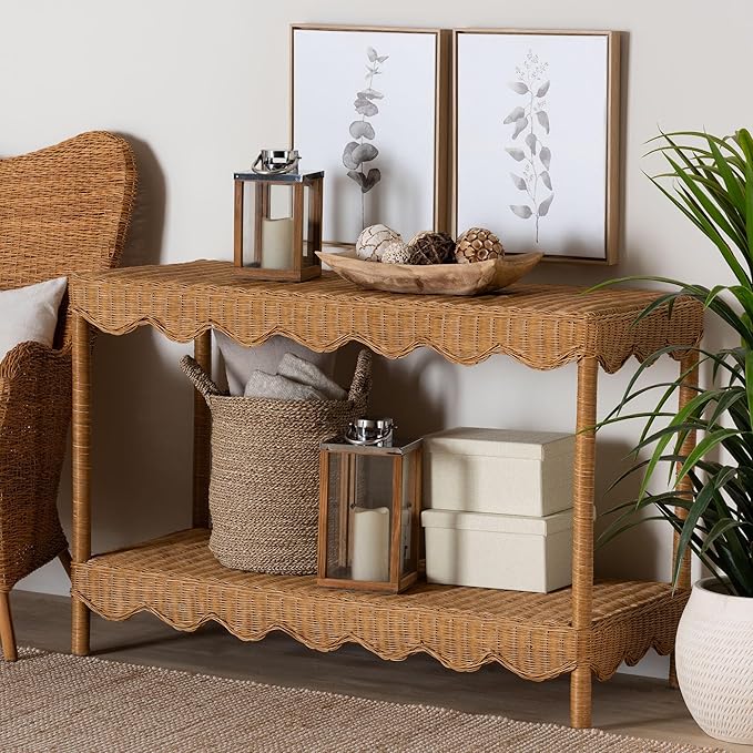Bali & pari Oteria Bohemian Light Honey Scalloped Rattan Console Table - Image 2