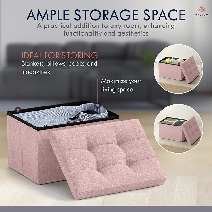 Ornavo Home Small Storage Ottoman, Foldable Collapsible Rectangle Linen Ottoman - Image 3