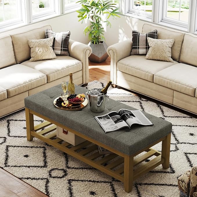 Befurtori Large Rectangular Upholstered Ottoman Bench, Linen Tufted Footrest - Image 4