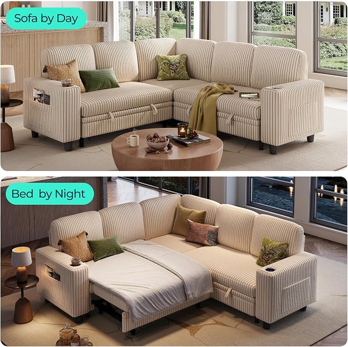 LINSY HOME Sectional Sofa with Pull Out Bed, 5 Seats Corduroy Reversible - Image 4