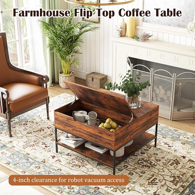 Farmhouse Coffee Table with Hidden Storage 32 in, Square Wood Living Room - Image 4