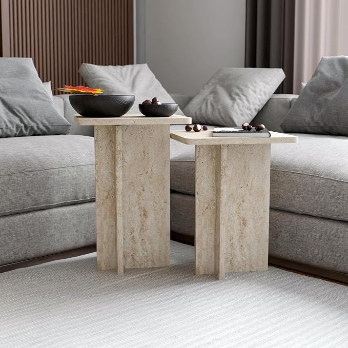 Travertine Efect Square Nesting Table Set of 2 Modern Coffee Table Small Side - Image 9