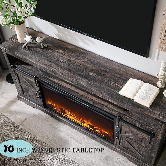 OKD Fireplace TV Stand for 80 Inch TV, Rustic Media Console w/Sliding Barn Door - Image 4