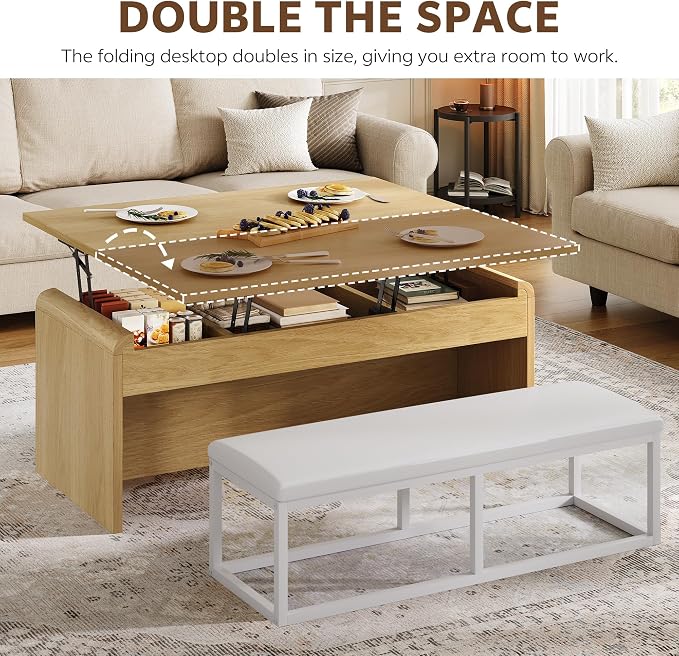 Coffee Table with Bench, 4-in-1 Multi-Function Coffe Table w/Curved Corner - Image 3