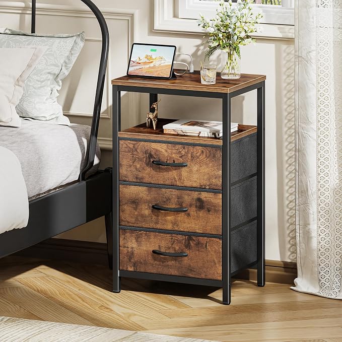 Huuger Nightstand with Charging Station, 27.6 Inch Bedside Table with Fabric - Image 2