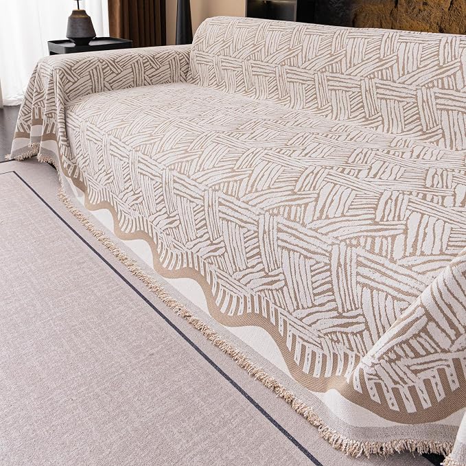 VClife Boho Couch Cover, Abstract Cream and Khaki Line Geometric Jacquard Couch - Image 4