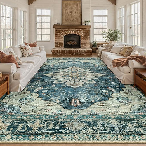 Area Rugs 10'x14' Washable Non-Slip, Floral Vintage Distress Print Pattern - Image 2