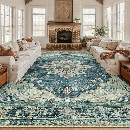 Area Rugs 10'x12' Washable Non-Slip, Floral Vintage Distress Print Pattern by RELEANY
